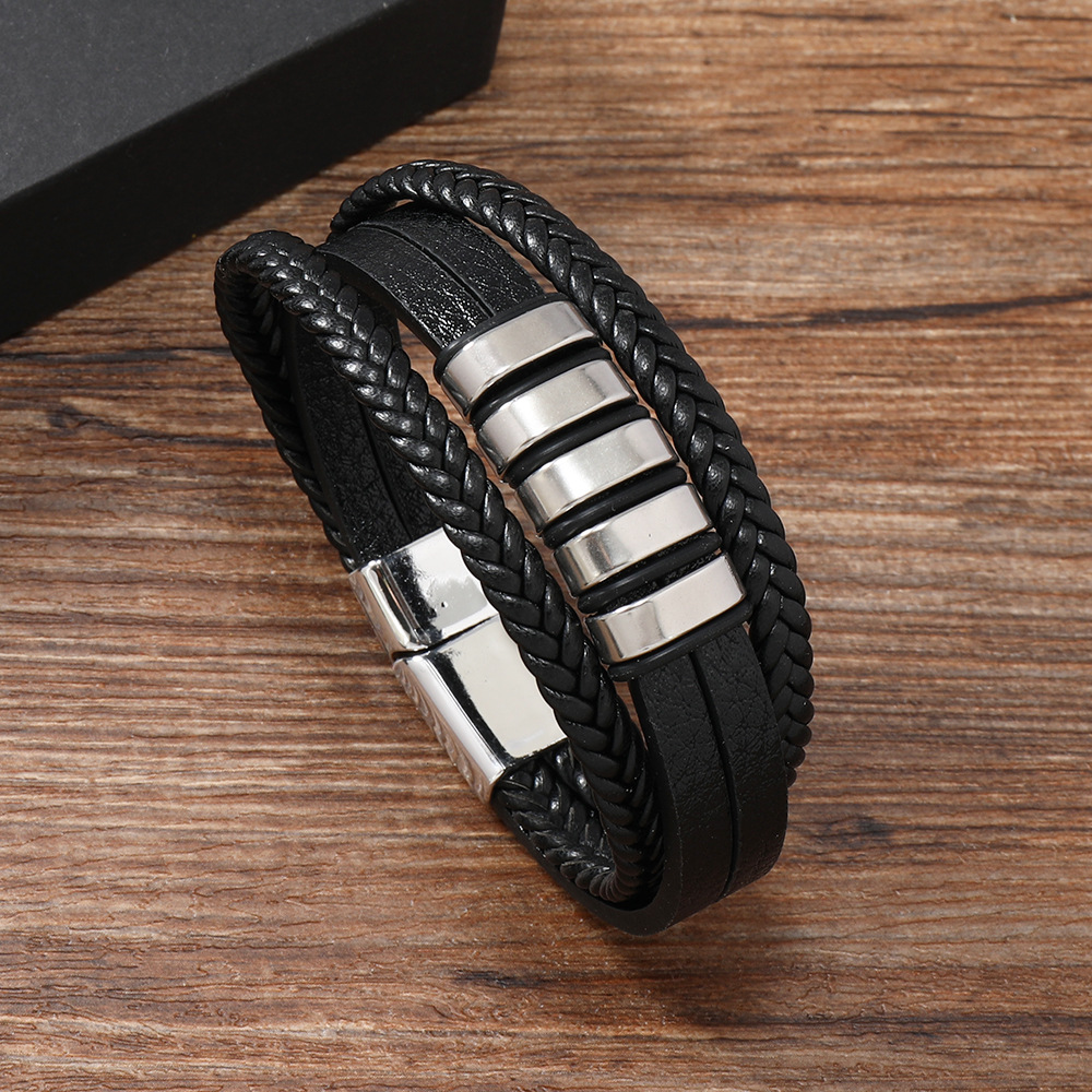 Fiasrel Mens Stainless Steel Bracelet Black Multi Layer Braided Genuine Leather Bracelet