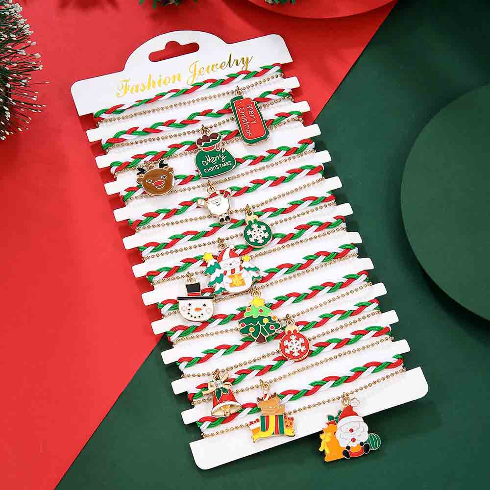 Fiasrel 12pcs Christmas Fashion Charm Bracelet Kit Santa Claus Elk Bell Woven Adjustable Festival Christmas Gift Bracelet