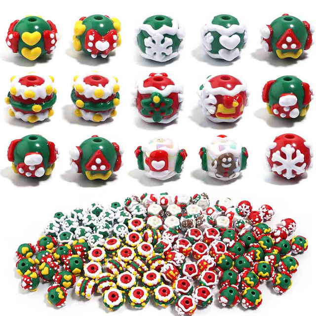 Fiasrel 5pcs 15mm Acrylic Christmas Beads Hand Painted Snowflake Christmas Tree Beads Diy Bracelet Necklace Mobile Phone Chain Beads for Jewelry Making Crafts