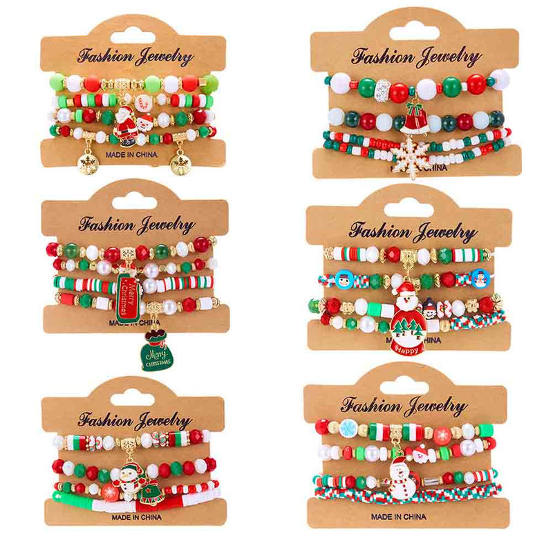 Fiasrel 4pcs/set Christmas Beaded Bracelet Snowman Christmas Tree Old Man Antlers Gift Pendant Bracelets