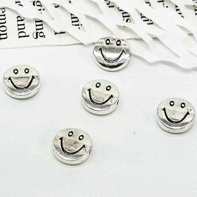 Fiasrel 50pcs Silver Alloy Smiley Face Beads for Earrings Jewelry Accessories Hand-beaded Making