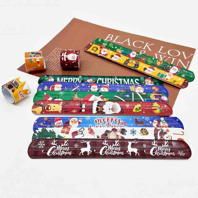 Fiasrel 12pcs Christmas Slap Bracelets Santa Claus Snowflake Elk Xmas Tree Print Pop Circle Toys Merry Christmas