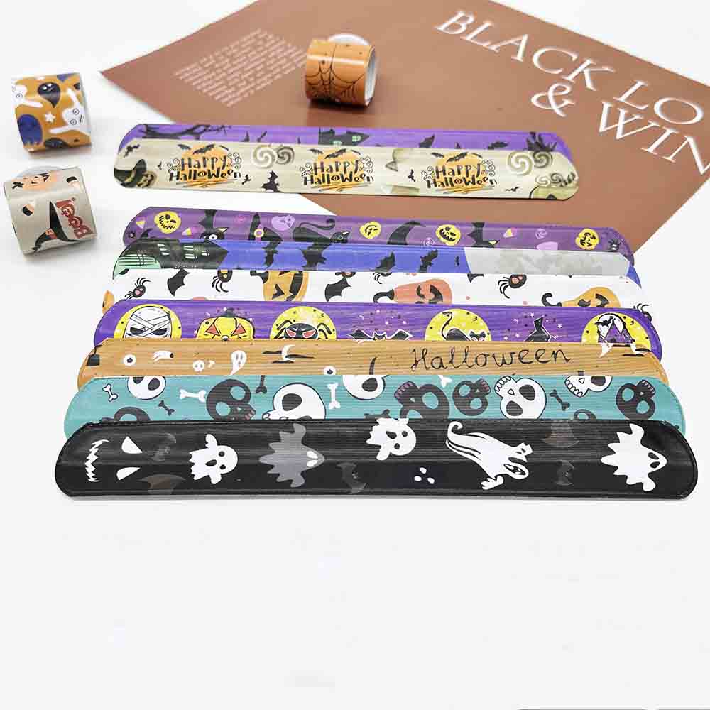 Fiasrel Halloween Slap Bracelets Spider Pumpkin Ghost Skull Zombie Bat Witches Snap Bracelet for Kids Party Favors Toys Prizes Halloween Pinata Goodie Bags Gifts Fillers For Girls Boys