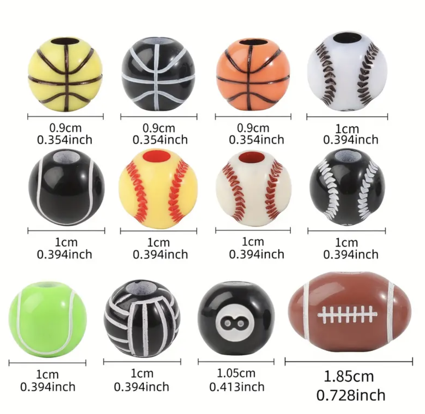 Fiasrel 50pcs 8-15mm Sports Series Basketball Volleyball Rugby Baseball Billiards Rugby Tennis Loose Acrylic Beads for Jewelry Making DIY Bracelet Necklace Key Bag Chain Handmade Craft Supplies