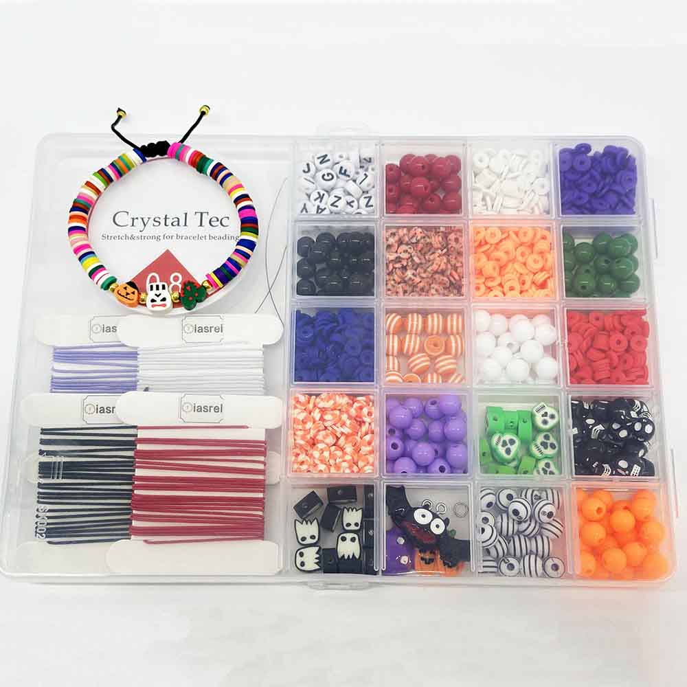 Fiasrel 1Box 24-Grid Halloween Acrylic Round Beads Kit: Halloween Friendship Beads Clay Beads fro DIY Beaded Bracelet Necklace Ring Earring Jewelry Supplies Festive Decoration