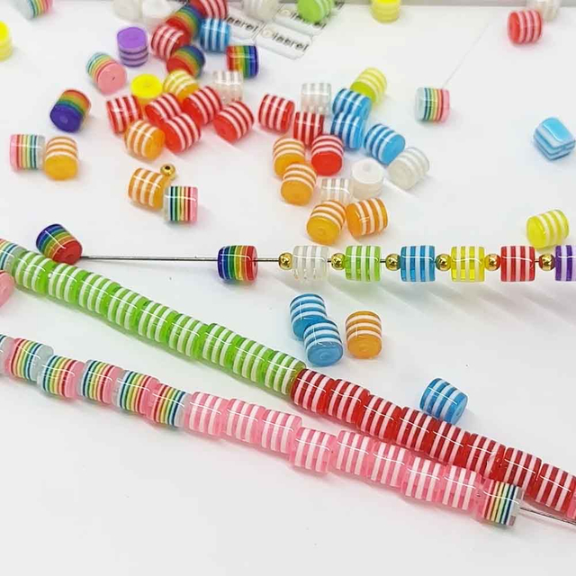 Fiasrel 50/100pcs 8mm Cylinder Acrylic Striped Beads for Jewelry Making DIY Charm Bracelet Necklace