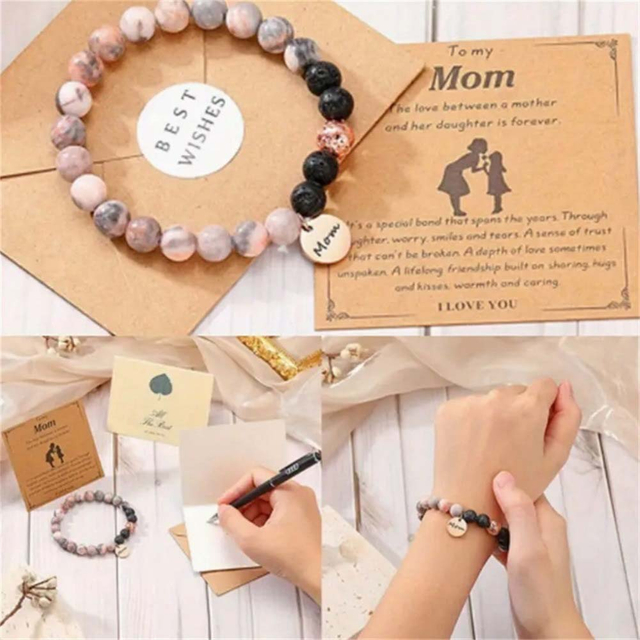Fiasrel Mama Birthday Mother's Day Gifts Heart Pendant Bracelets Diffuser Natural Stone Beaded Bracelet