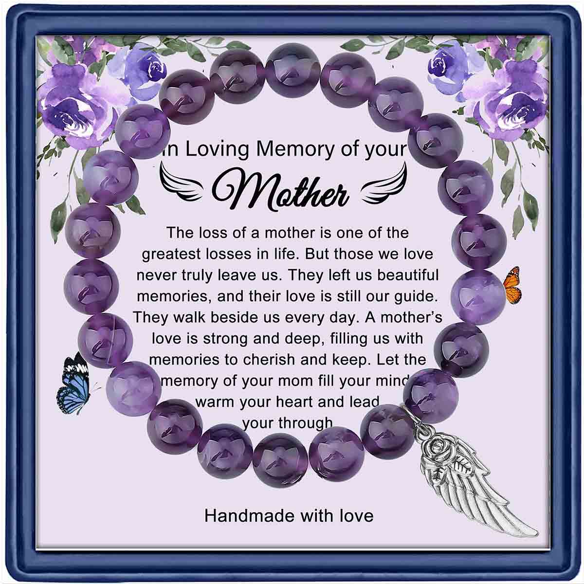 Fiasrel Mother's Day Mom Gift Angel Pendant Bracelet Amethyst Bracelet Obsidian Agate Stone Beads Cards Bracelet 