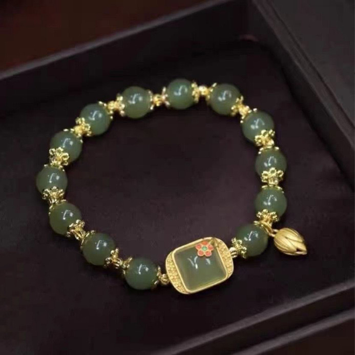 Fiasrel Fashion Retro Lotus Flower Jade Crystal Bracelet Female Lucky Jade Beaded Bracelet Jewelry