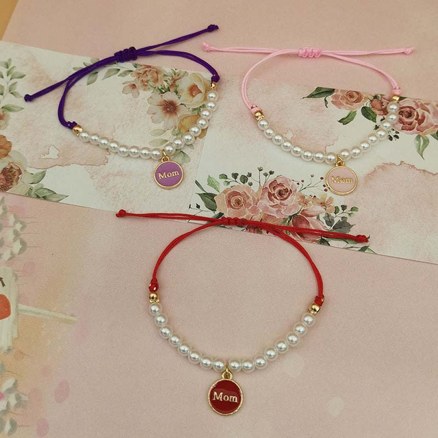 Fiasrel Plate Engraved Name Bracelet Pearl Beaded Elastic Bracelets