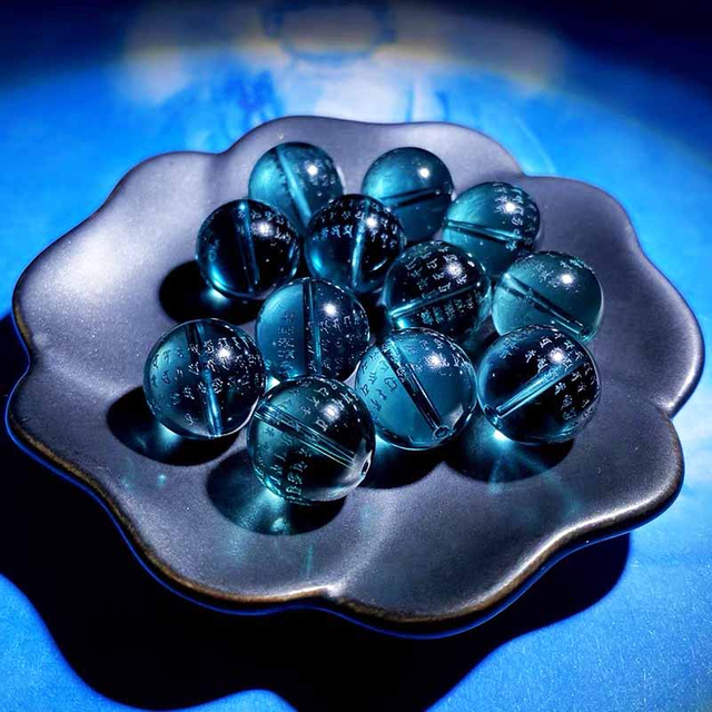 Fiasrel Medicine Buddha Empowerment Mantra Blue Crystal Beads | Deep Ocean Blue Scripture Beads | DIY Loose Mala Components for Healing Prayer Jewelry