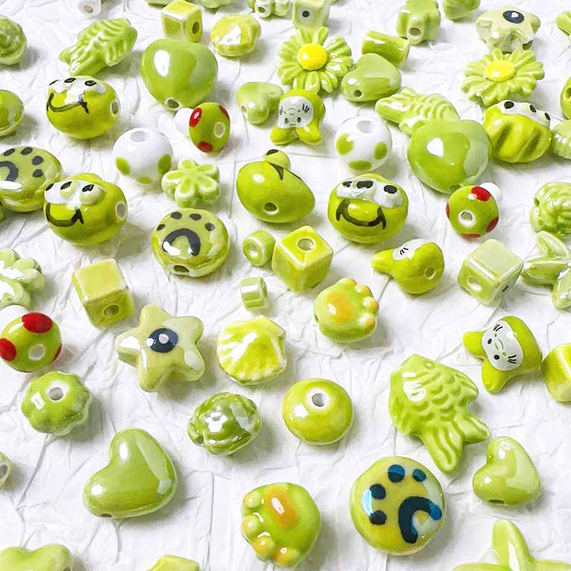 fiasrel 1bundle Green-toned Ceramic Loose Beads Set for DIY Bracelets Round, Heart, Star & Novelty-shaped Handmade Beading Supplies