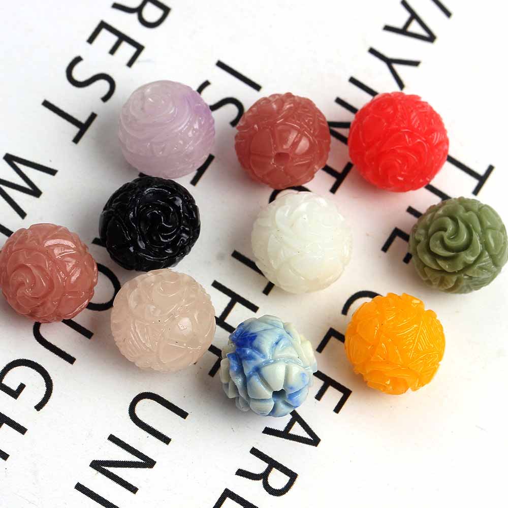 fiasrel 1bundle 10mm Synthetic Stone Powder Double-Sided Rose Carved Round Bead