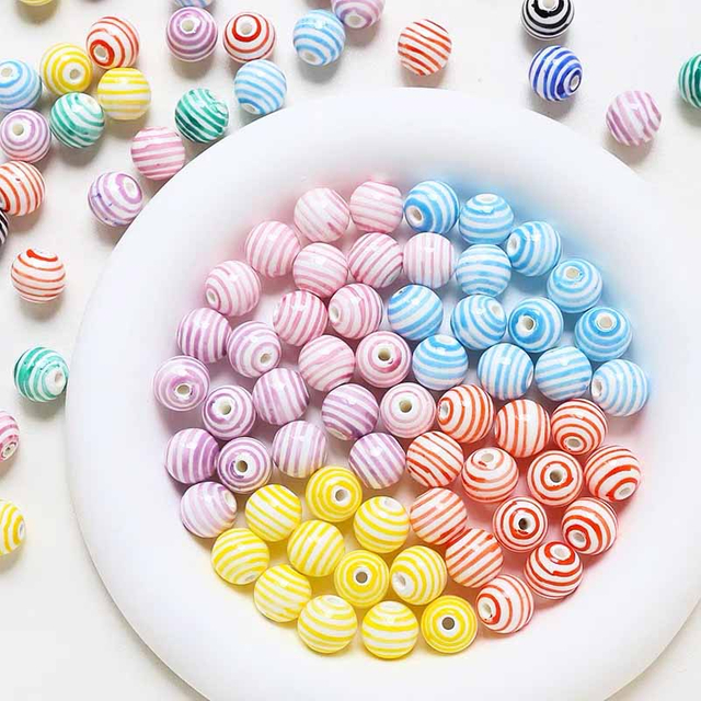 fiasrel 1bundle Playful Striped Color-Blocking Straight-Hole Round Ceramic Beads DIY Handmade Jewelry Supplies for Bracelets & Necklaces