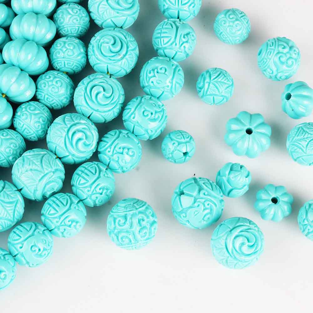 fiasrel 1bundle Turquoise-Pattern Carved Beads - Imitation Turquoise Pumpkin & Dragon Motif Round Loose Beads