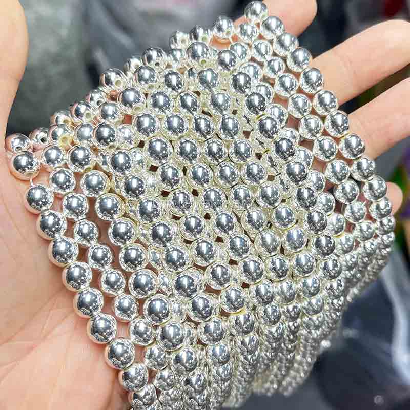 fiasrel 1bundle Silver-Plated Black Onyx Round Beads - Electroplated Hematite Through-Hole Loose Beads for DIY Jewelry Stringing