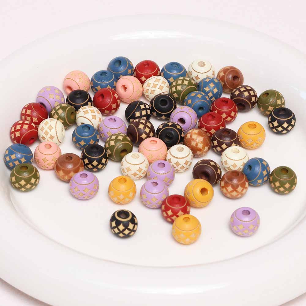 Fiasrel Hand-Carved Wooden Beads with Ethnic Patterns 