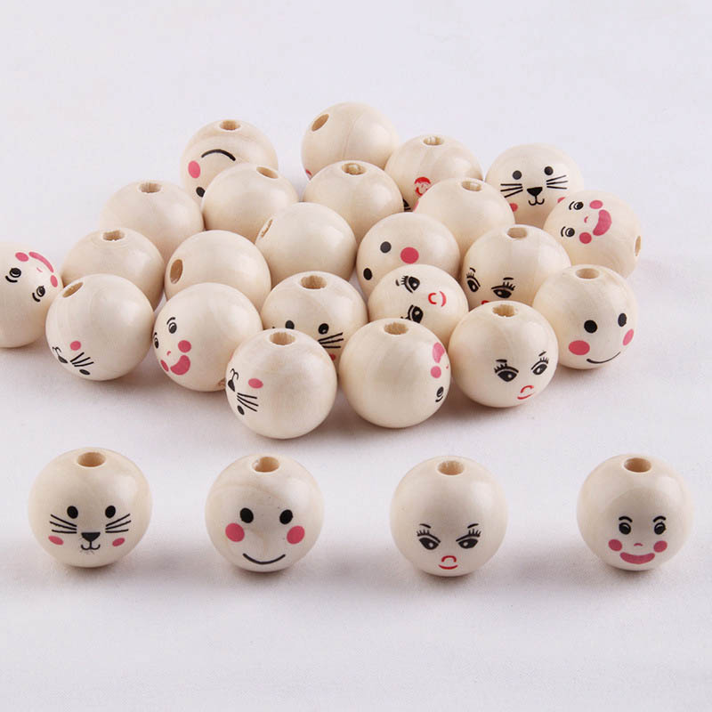 Fiasrel 100pcs 20mm Three-color smiley face wooden beads
