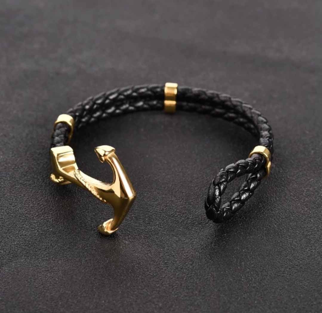 Fiasrel Stainless Steel Anchor Bracelet Silver Gold Metal Clasp Accessories Woven Men's Leather Bracelet Jewelry