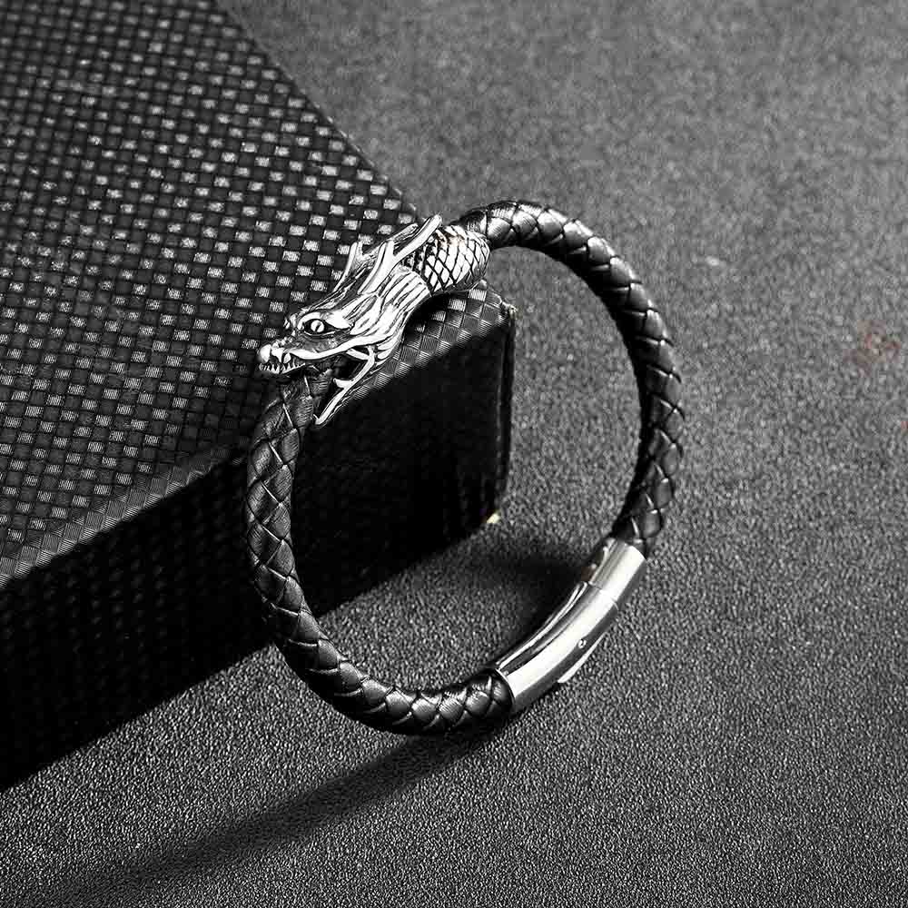 Fiasrel Men Jewelry Retro Dragon Pattern Genuine Leather Bracelet with Magnet Clasp
