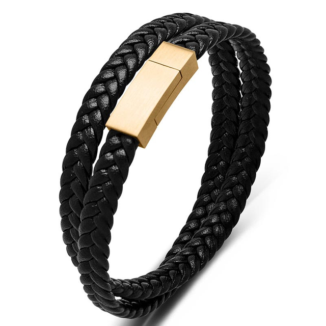 Fiasrel Vintage Double Layer Synthetic Woven Black Leather Magnetic Stainless Steel Wrap Bangle Bracelet for Men