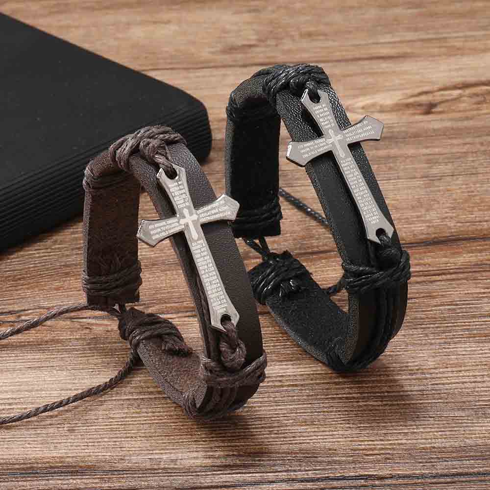 Fiasrel Mens Jewelry Scripture Cross Bracelet Jewelry Leather Woven Bracelet Couple Jewelry