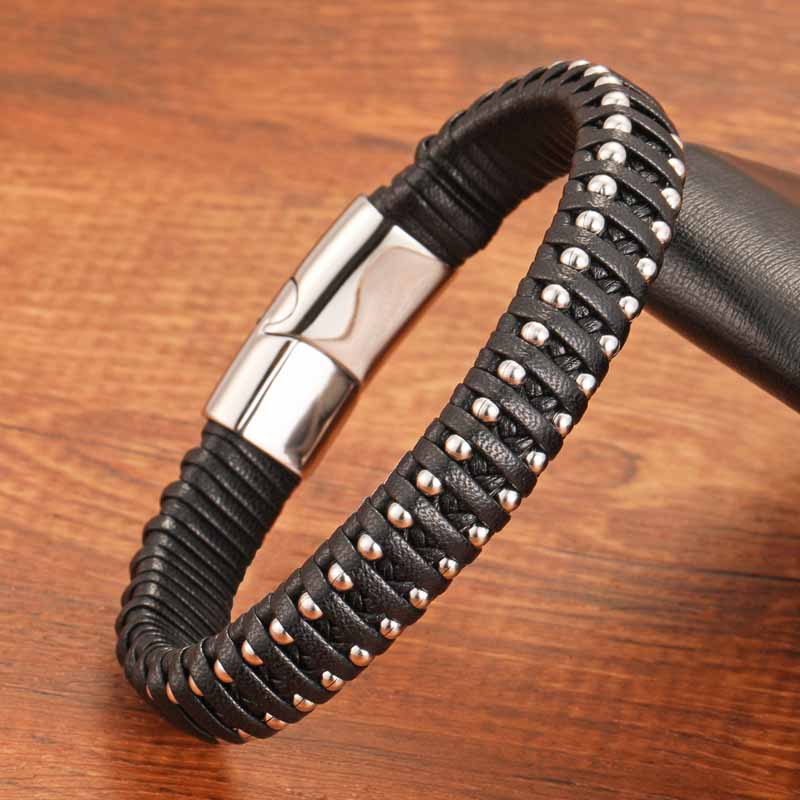 Fiasrel Vintage Charm Bracelets Stainless Steel Fancy Braided Leather Bracelet