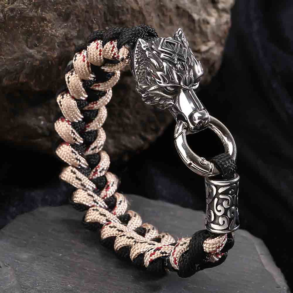 Fiasrel Handmade Paracord Wristband Stainless Steel Wolf Head Viking Bracelet Jewelry