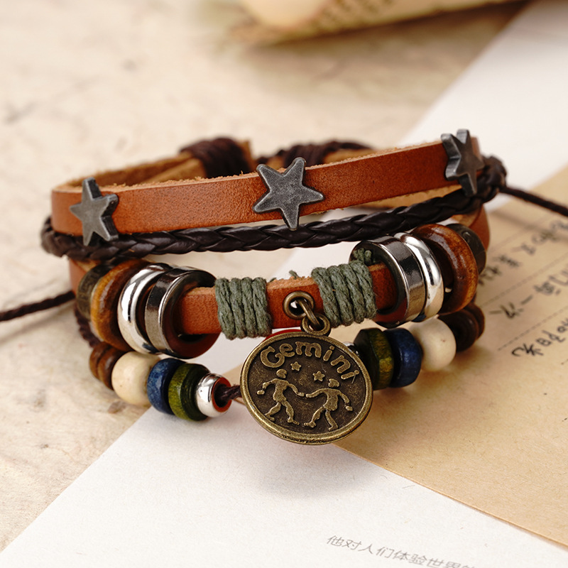 Fiasrel 12 Constellations Bracelet Red Agate Bracelet Punk Retro Rivet Jewelry Unique Multi layered Bracelets