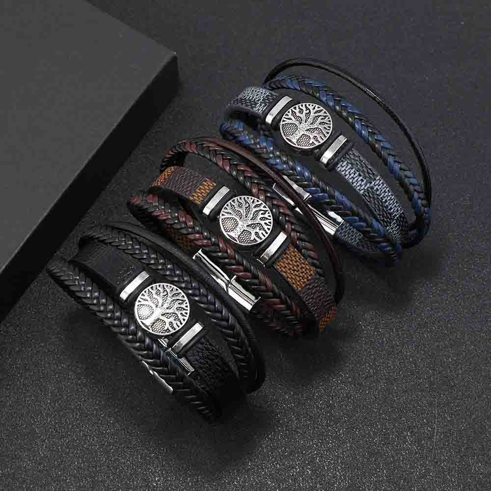Fiasrel Magnetic Buckle Life Tree Accessories Mens PU Leather Bracelet Charms Luxury Jewelry Steel Bracelet