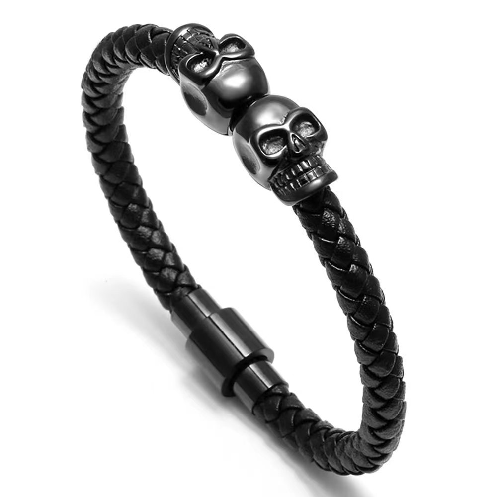 Fiasrel Stainless Steel Skull Bracelets Magnetic Buckle Mens Genuine Leather Bracelet