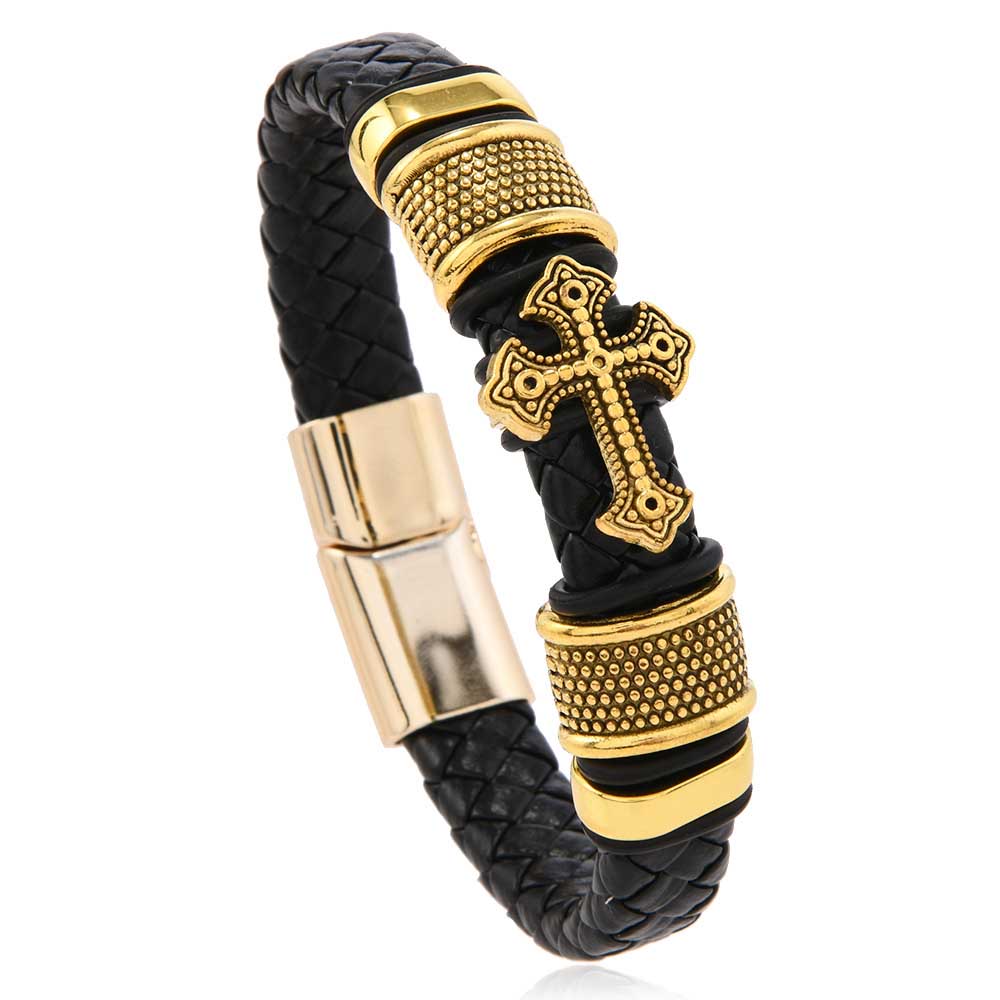 Fiasrel Stainless Steel Gold Plated Magnetic Christian Cross Leather Bracelets
