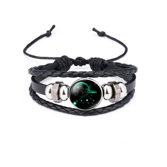 Fiasrel Handmade Adjustable PU Leather Charm Glow In Dark Horoscope 12 Zodiac Signs Bracelet