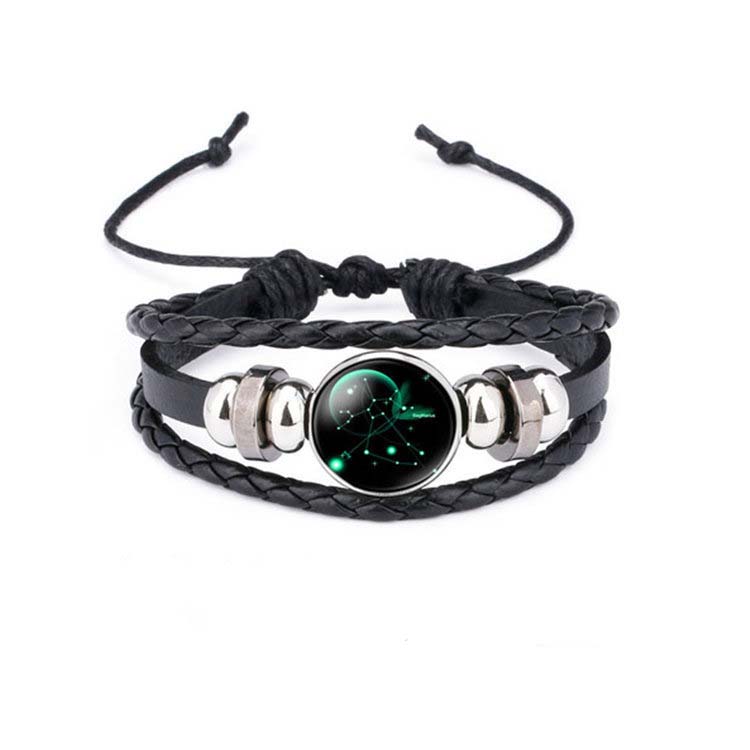 Fiasrel Handmade Adjustable PU Leather Charm Glow In Dark Horoscope 12 Zodiac Signs Bracelet