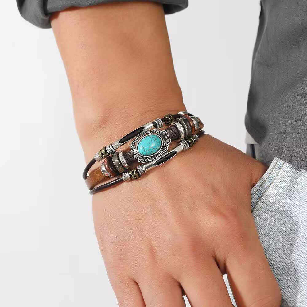 Fiasrel Beaded Leather Bracelet Men's Turquoise Stainless Steel Bracelet