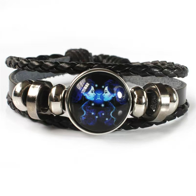 Fiasrel 12 Constellations Multi Layer Woven Glow in Dark Fashion Punk Cowhide Star Bracelet