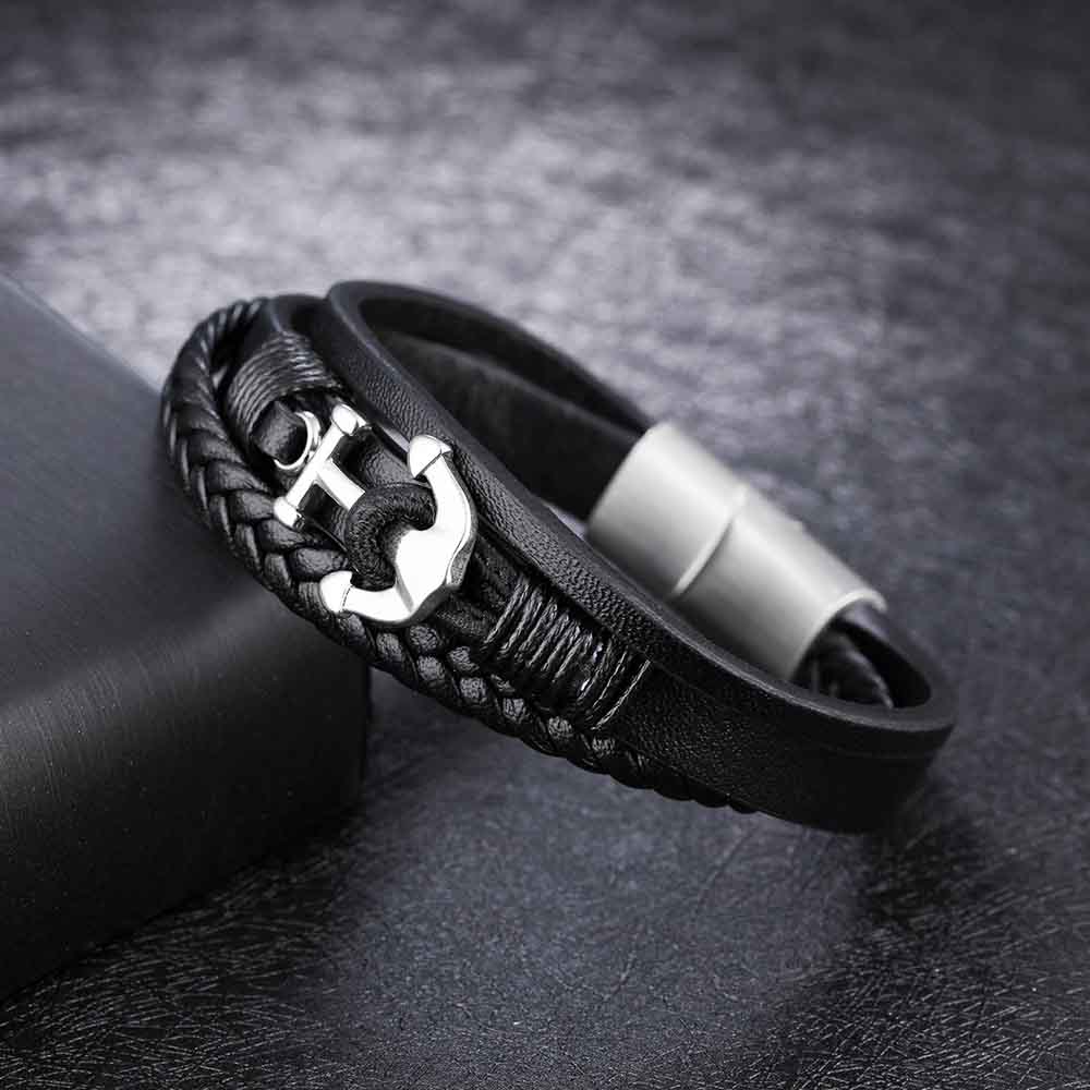 Fiasrel Leather Braided Men's Bracelet Titanium Steel Anchor Bracelet Ethnic Style Jewelry Bracelet