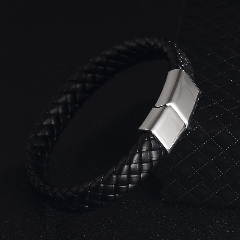 Fiasrel Jewelry Handmade Woven Genuine Leather Band Bracelet With Button Magnet Buckle