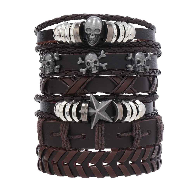 Fiasrel 6pcs/Set Domineering Punk Charm Bracelet Adjustable Lucky Star Wrap MultiLayer Leather Bracelet