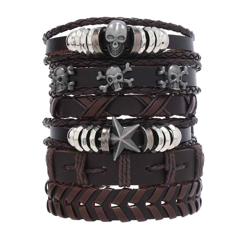 Fiasrel 6pcs/Set Domineering Punk Charm Bracelet Adjustable Lucky Star Wrap MultiLayer Leather Bracelet