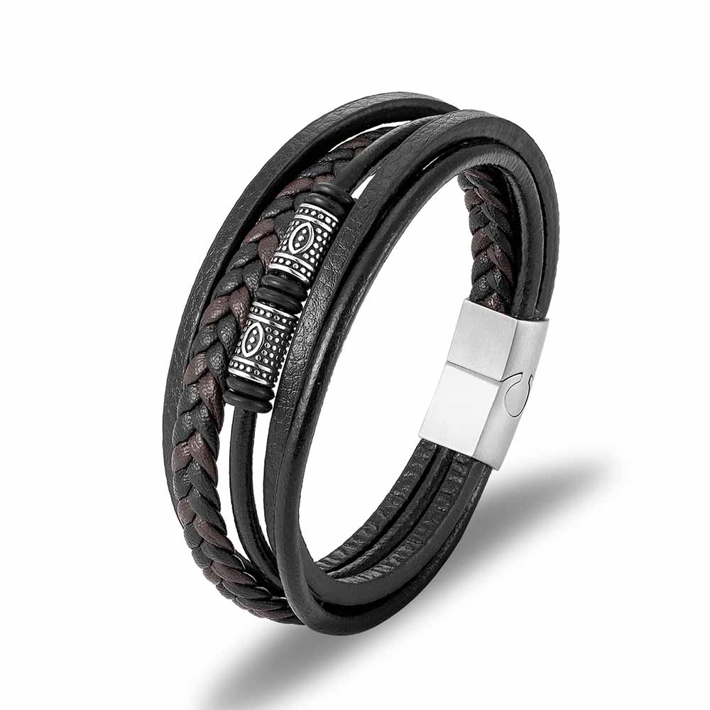 Fiasrel Multi Layer Vintage Pu Leather Bracelet Stainless Steel Spacer Beads Stackable Braided Leather Bracelet