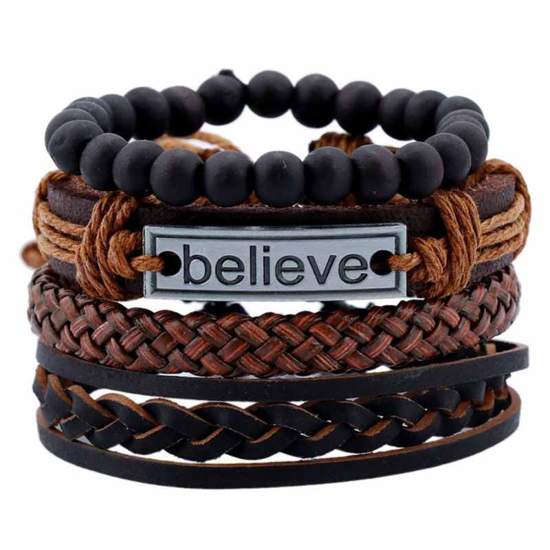Fiasrel 4pcs/set Multi Layers Stone Beads Believe Braided Leather Bracelet Kit Cowhide Feather Bracelet Set