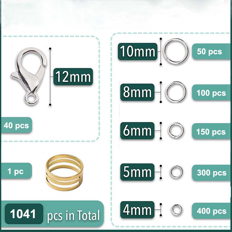 Fiasrel 1041pcs/Box DIY Jewelry Findings Components Kit Gold Split Rings Opening Jump Ring Lobster Clasp Kit
