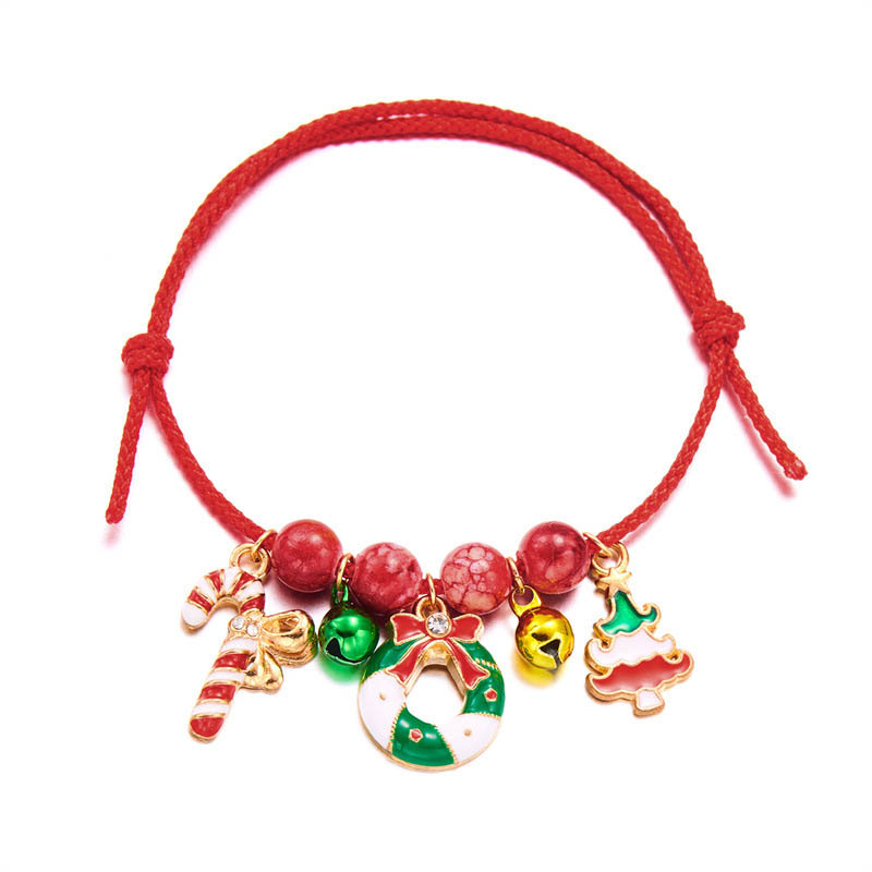 Fiasrel Christmas Handwoven Braided Bracelet Santa Claus Xmas Tree Snowman Crutch Wreath Bell Beaded Adjustable Bracelets