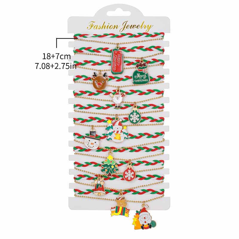 Fiasrel 12pcs Christmas Fashion Charm Bracelet Kit Santa Claus Elk Bell Woven Adjustable Festival Christmas Gift Bracelet
