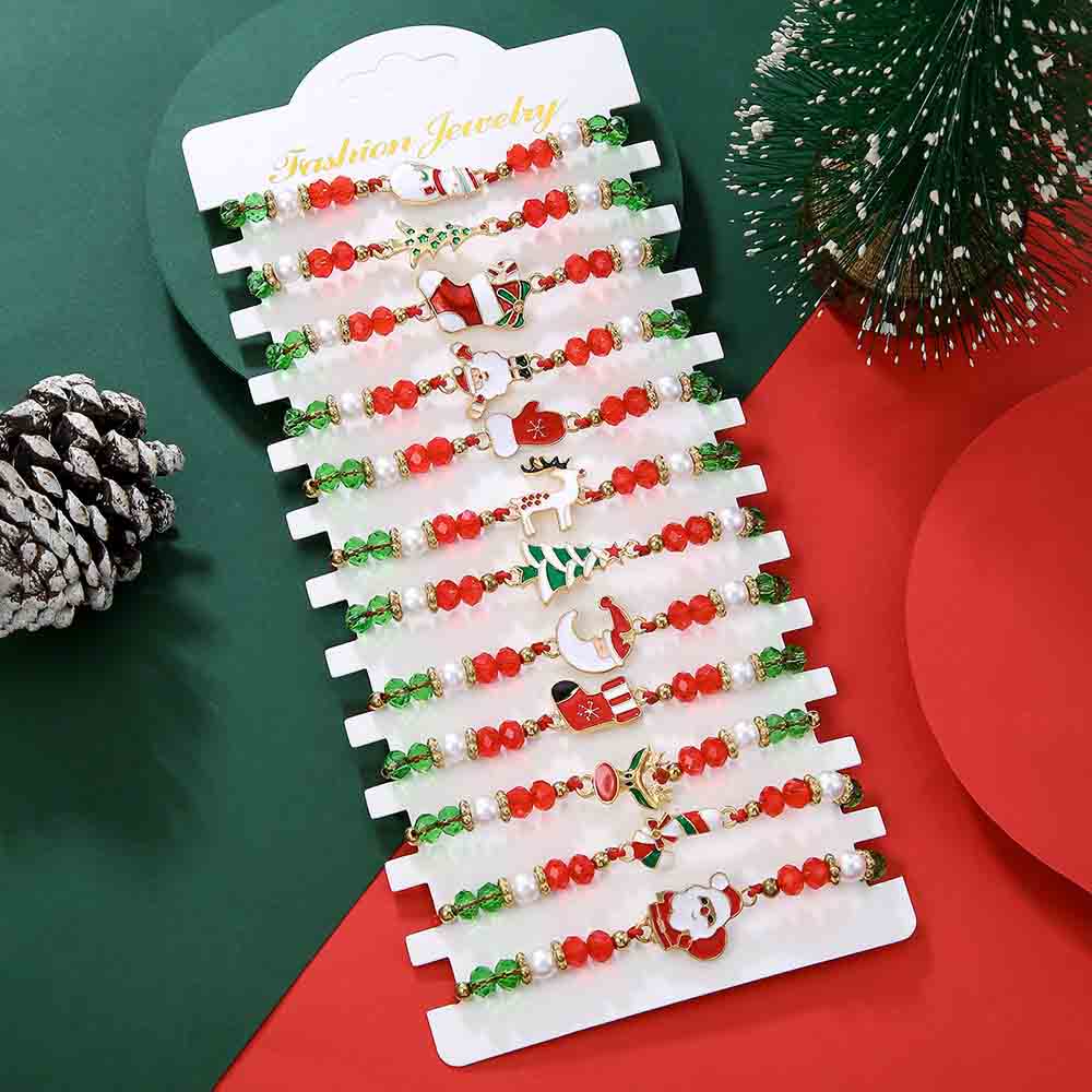 Fiasrel 12pcs Santa Claus Elk Bell Woven Adjustable Festival Christmas Gift Bracelet Kit