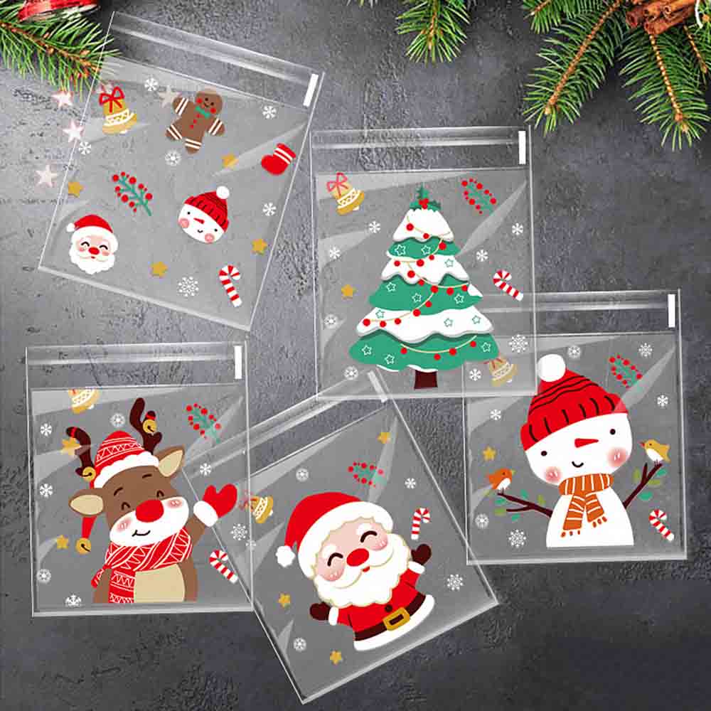 Fiasrel 100pcs/bag Christmas Opp Bags Self-adhesive Candy & Cookie Christmas Bags