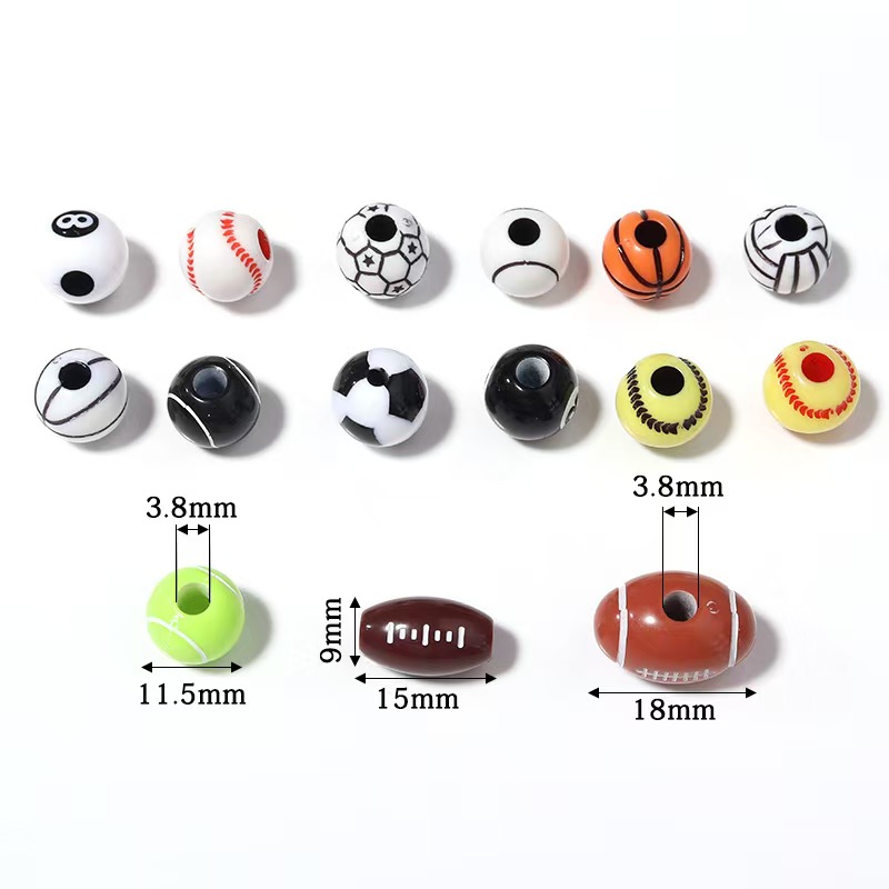 Fiasrel 50pcs 8-15mm Sports Series Basketball Volleyball Rugby Baseball Billiards Rugby Tennis Loose Acrylic Beads for Jewelry Making DIY Bracelet Necklace Key Bag Chain Handmade Craft Supplies