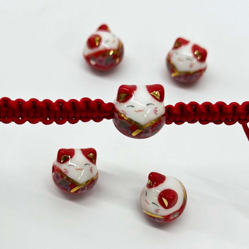 Fiasrel 5/10pcs Colorful Porcelain Charms Lucky Cat Ceramic Horizontal Hole Beads for DIY Jewelry Making Necklace Bracelet Craft Supplies 
