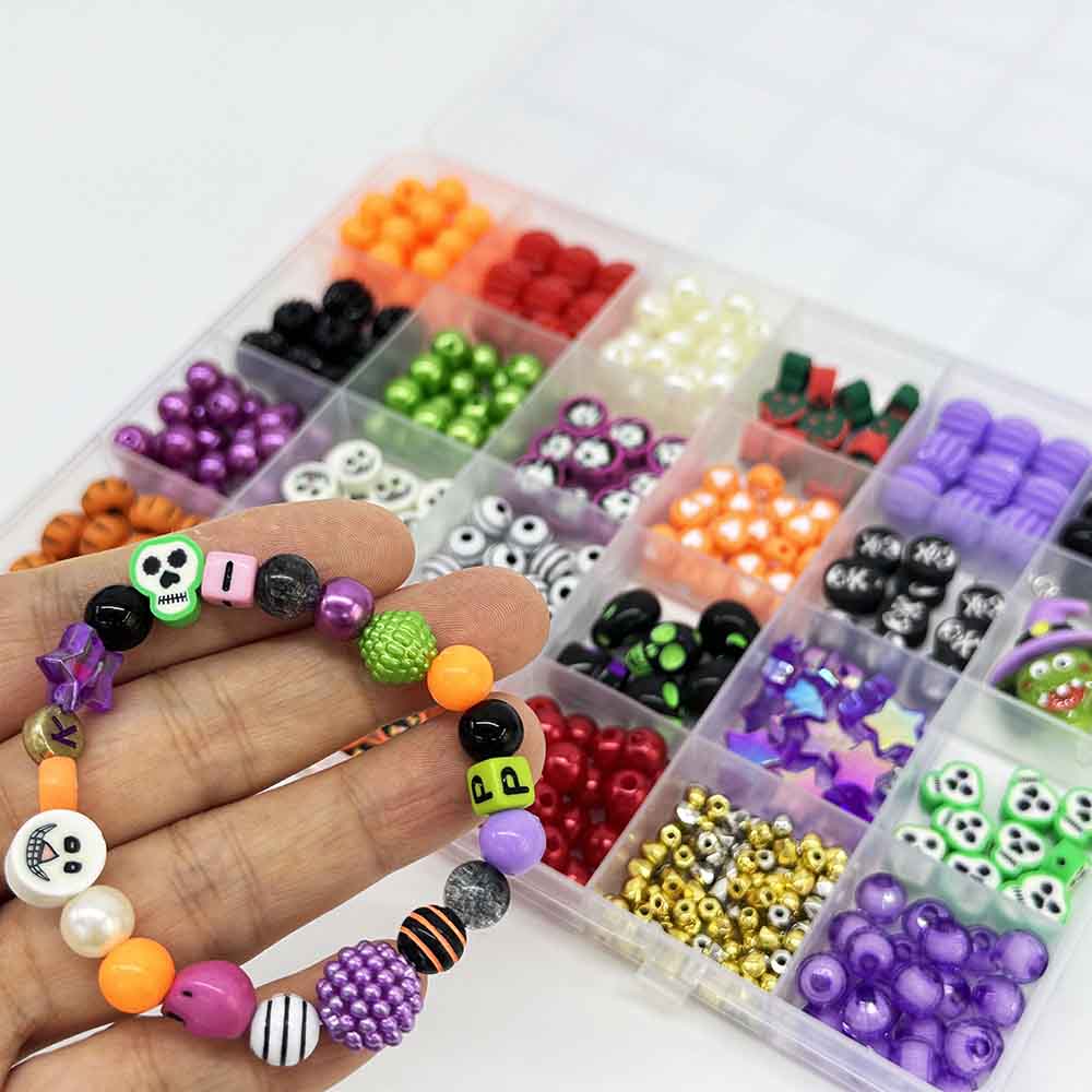24-Grid Halloween Polymer Clay Resin Beaded Jewelry Kit: Halloween DIY Jewelry Making Kit Supplies with Spacer Beads Charms Accessories